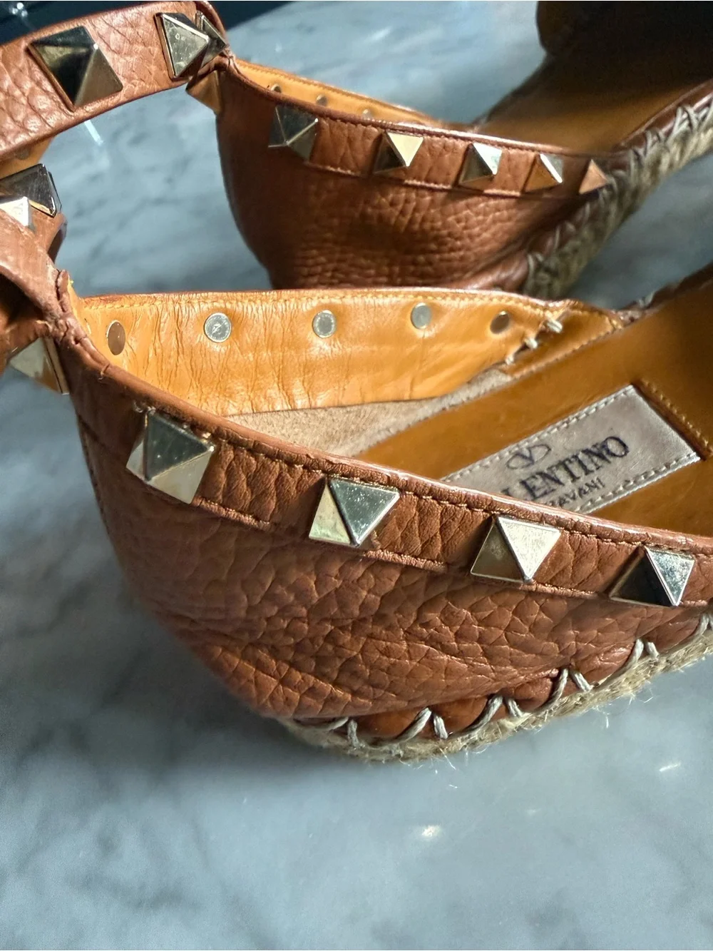 Valentino Garavani Tan Leather Studded Espadrille Flats with Ankle Straps